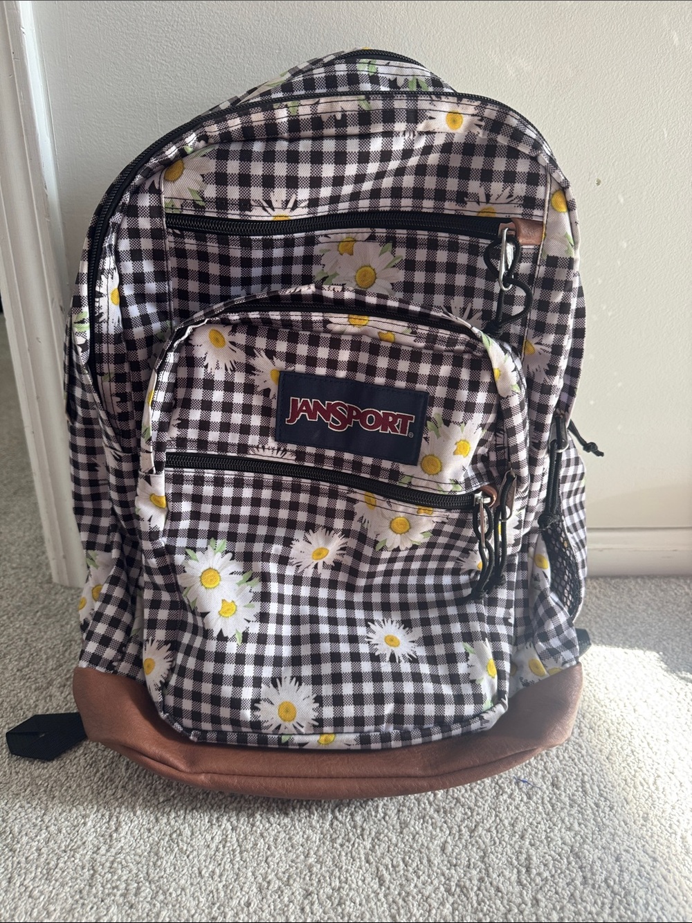 Jansport Black & White Gingham Backpack with Yellow Daisy Print